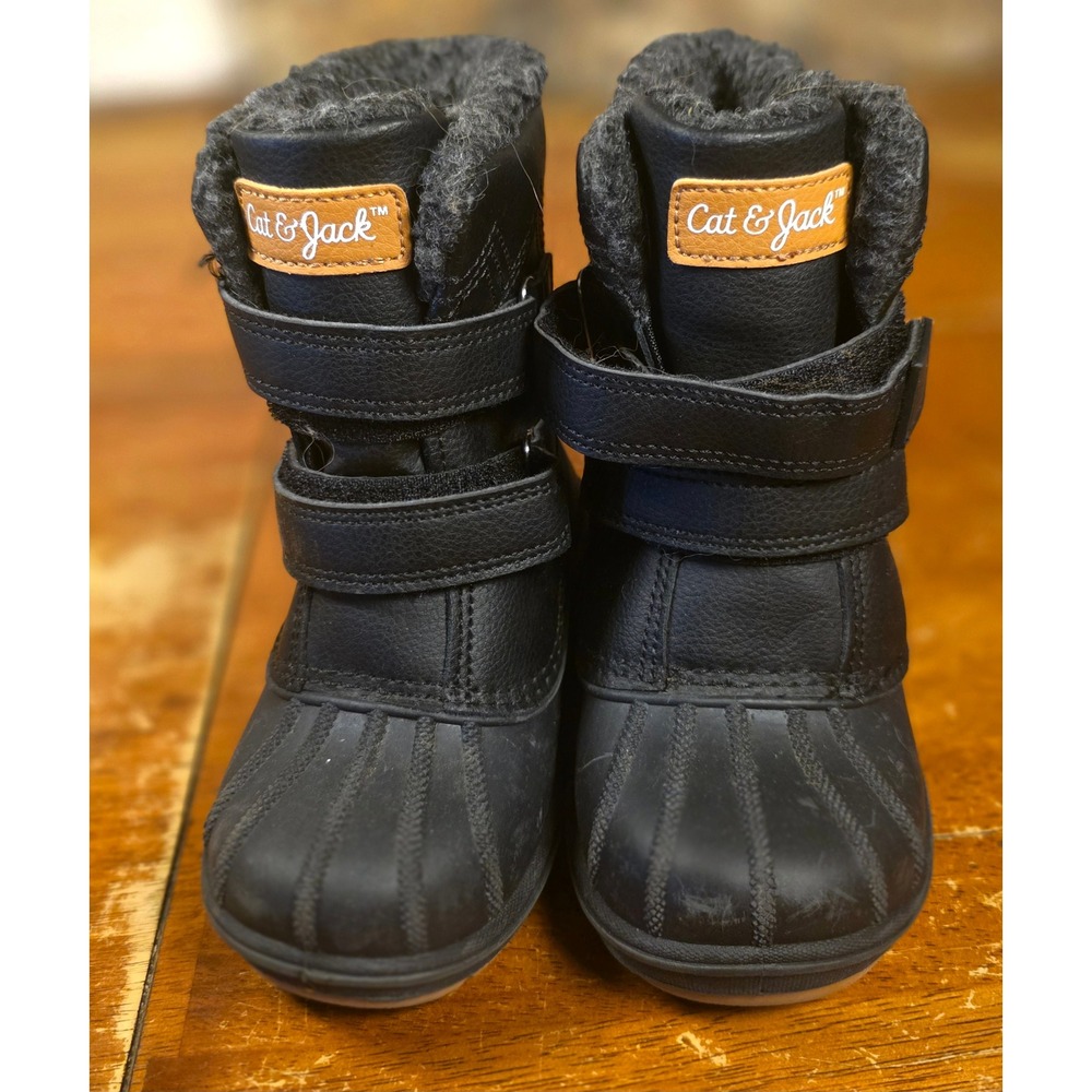 Cat & Jack Toddler Black Faux Fur Lined Winter Snow Boots Size 9 Hook Loop Strap